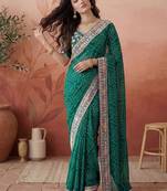 Green bandhani printed festive wear sarees with unstitched blouse piece