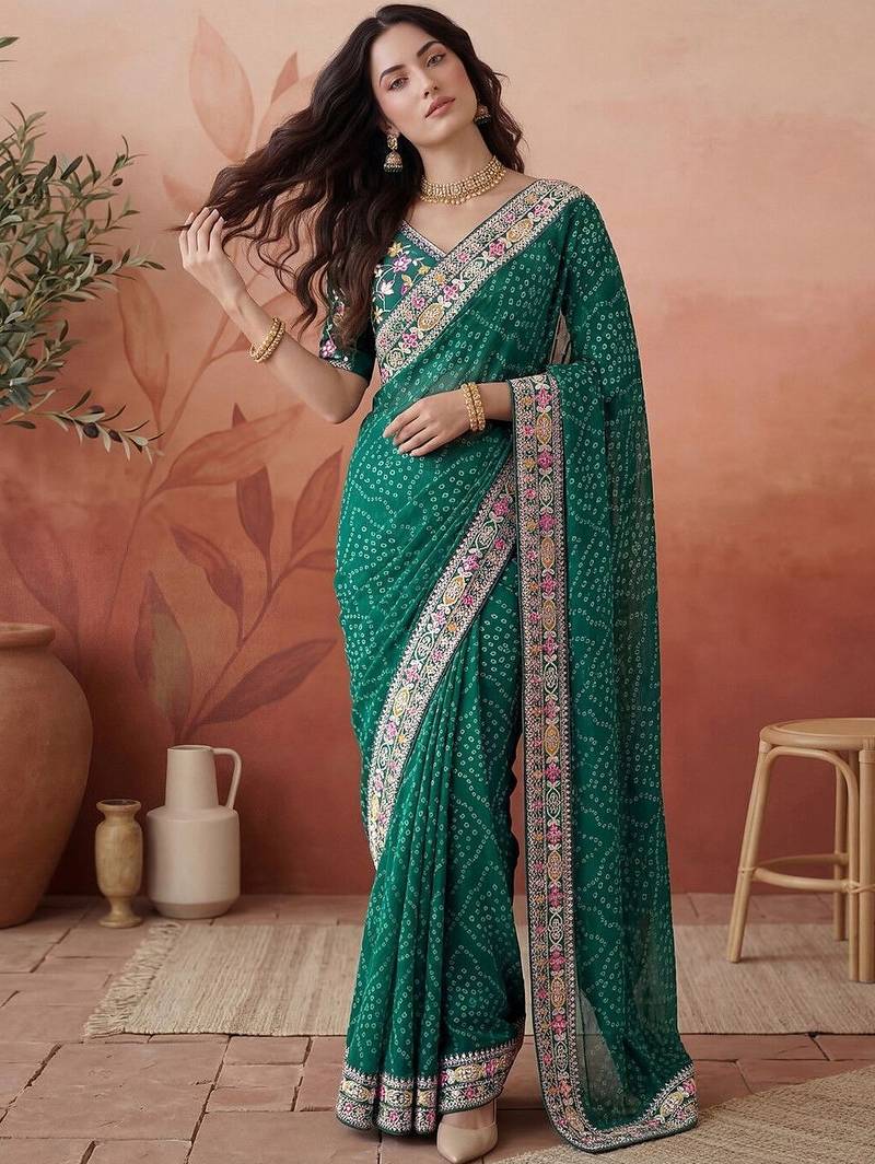 Green bandhani printed festive wear sarees with unstitched blouse piece