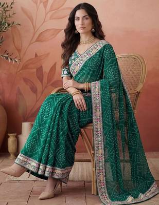 Green bandhani printed festive wear sarees with unstitched blouse piece 2