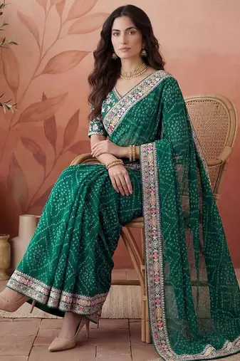 Green bandhani printed festive wear sarees with unstitched blouse piece