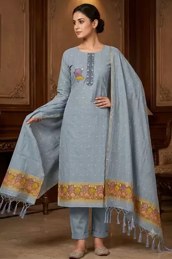 Light grey muga cotton jamdani pichwai weaving salwar suit
