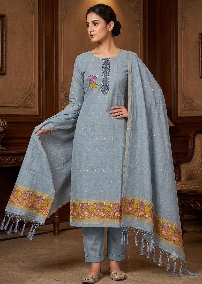 Light grey muga cotton jamdani pichwai weaving salwar suit