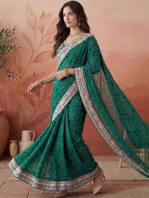 Green bandhani printed festive wear sarees with unstitched blouse piece 3
