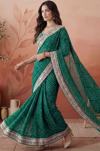 Green bandhani printed festive wear sarees with unstitched blouse piece