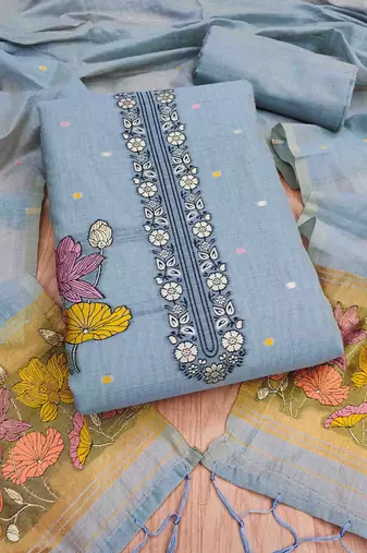 Light grey muga cotton jamdani pichwai weaving salwar suit