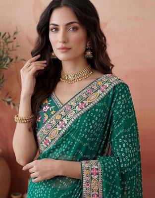 Green bandhani printed festive wear sarees with unstitched blouse piece 4