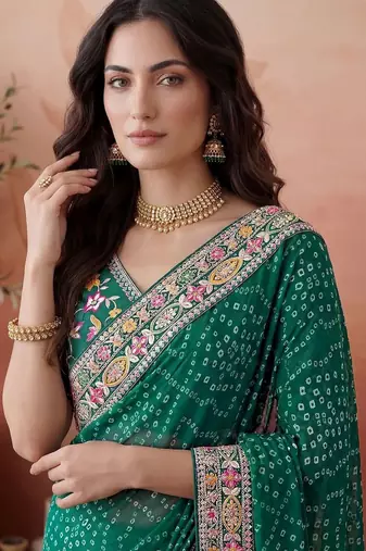 Green bandhani printed festive wear sarees with unstitched blouse piece