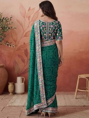 Green bandhani printed festive wear sarees with unstitched blouse piece 5