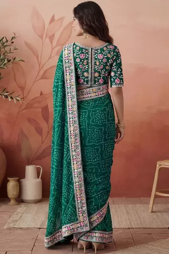 Green bandhani printed festive wear sarees with unstitched blouse piece