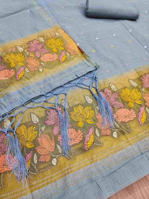 Light grey muga cotton jamdani pichwai weaving salwar suit 3