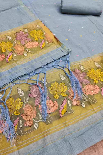 Light grey muga cotton jamdani pichwai weaving salwar suit