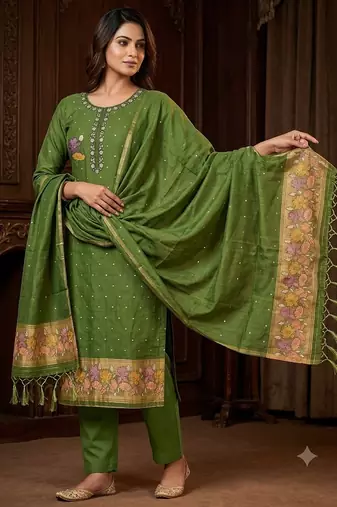 Mehendi muga cotton jamdani pichwai weaving salwar suit