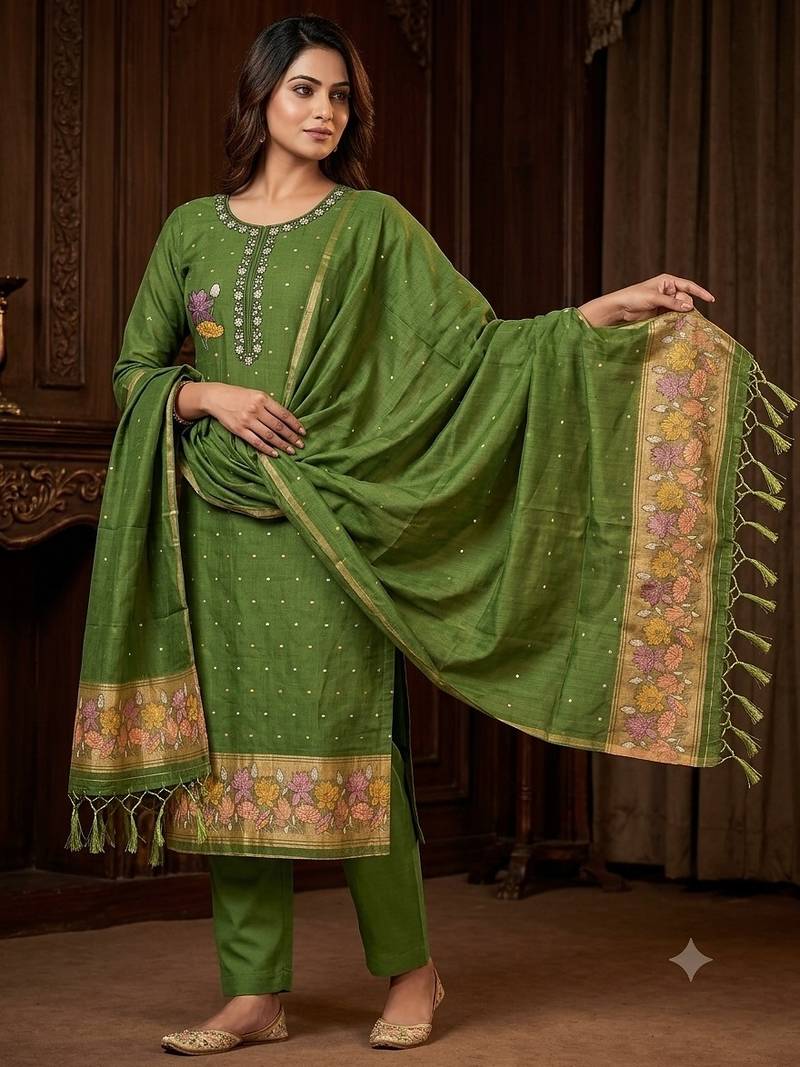 Mehendi muga cotton jamdani pichwai weaving salwar suit