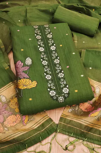 Mehendi muga cotton jamdani pichwai weaving salwar suit
