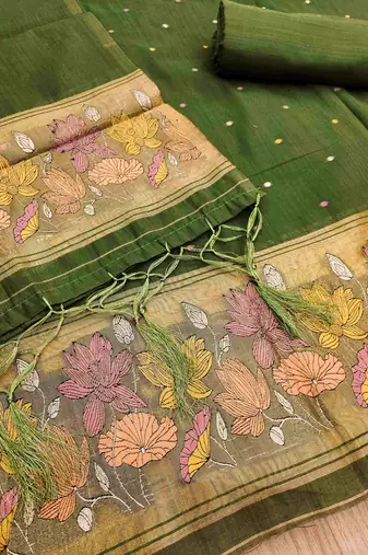 Mehendi muga cotton jamdani pichwai weaving salwar suit