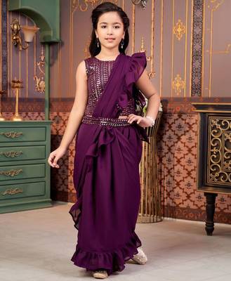 Purple girls sequins ready to wear saree with blouse 1