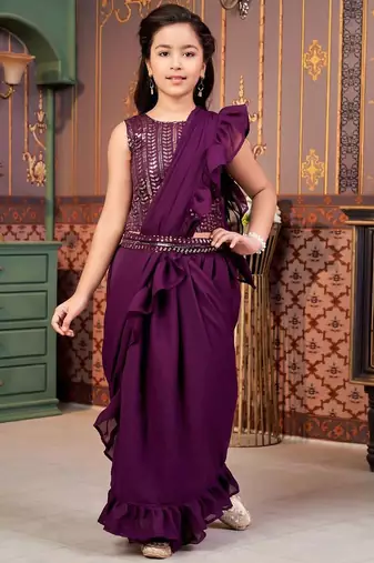 Purple girls sequins ready to wear saree with blouse