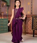 Purple girls sequins ready to wear saree with blouse