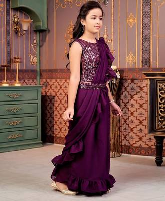 Purple girls sequins ready to wear saree with blouse 2