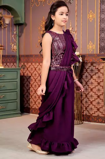 Purple girls sequins ready to wear saree with blouse