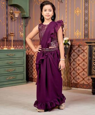 Purple girls sequins ready to wear saree with blouse 3