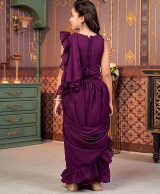 Purple girls sequins ready to wear saree with blouse 4
