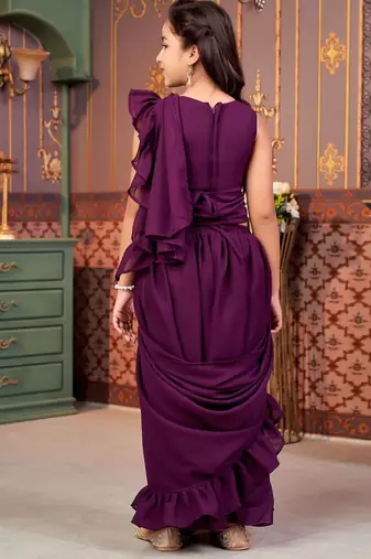 Purple girls sequins ready to wear saree with blouse
