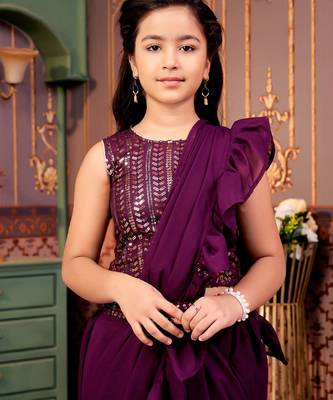 Purple girls sequins ready to wear saree with blouse 5