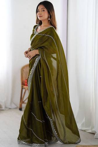 Green tissue silk sequin embroideried blouse piece & sarees