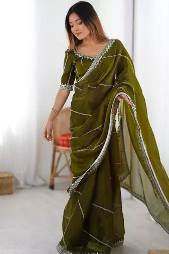 Green tissue silk sequin embroideried blouse piece & sarees
