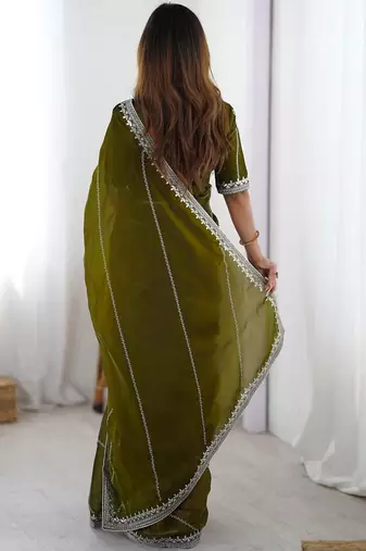 Green tissue silk sequin embroideried blouse piece & sarees