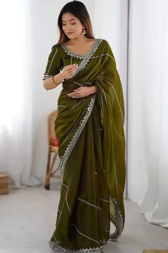 Green tissue silk sequin embroideried blouse piece & sarees