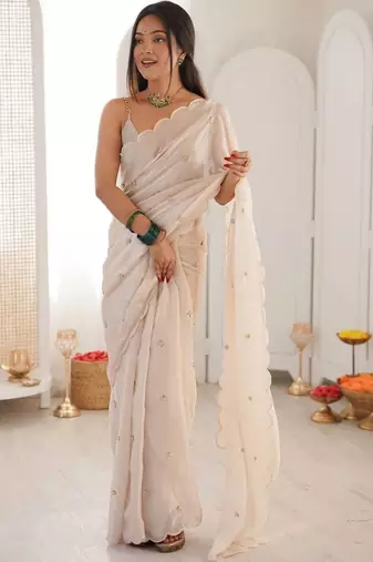White ethnic motifs embroidered heavy work bagh saree