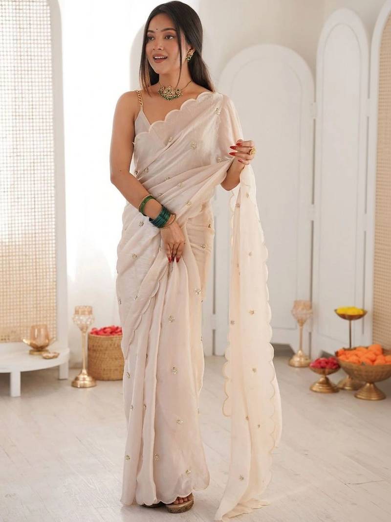 White ethnic motifs embroidered heavy work bagh saree