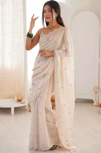 White ethnic motifs embroidered heavy work bagh saree