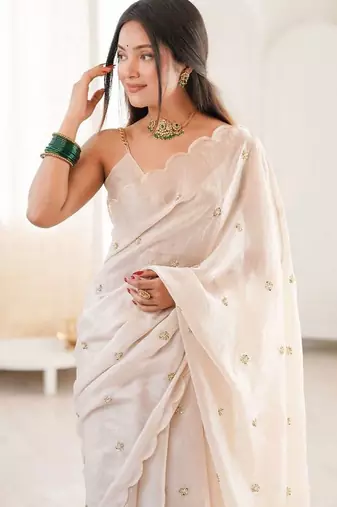 White ethnic motifs embroidered heavy work bagh saree