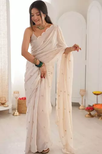 White ethnic motifs embroidered heavy work bagh saree
