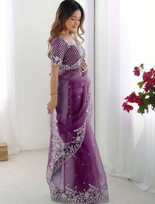 Purple embroidered saree with unstitched blouse piece 1
