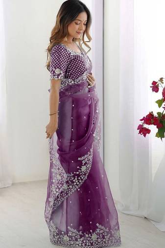 Purple embroidered saree with unstitched blouse piece