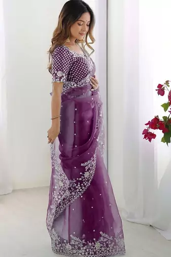Purple embroidered saree with unstitched blouse piece