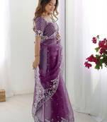 Purple embroidered saree with unstitched blouse piece