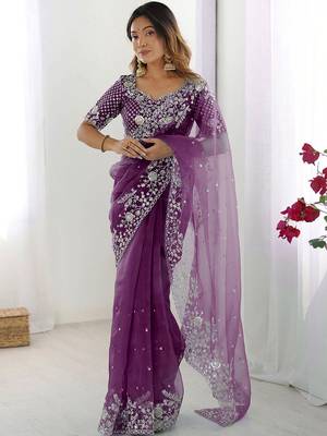 Purple embroidered saree with unstitched blouse piece 2