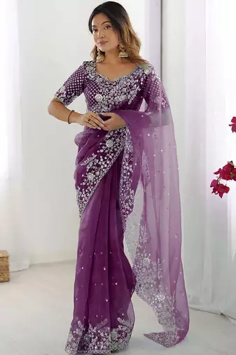 Purple embroidered saree with unstitched blouse piece