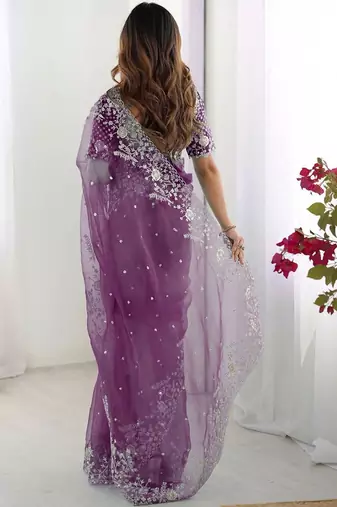 Purple embroidered saree with unstitched blouse piece
