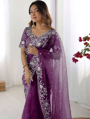 Purple embroidered saree with unstitched blouse piece 4