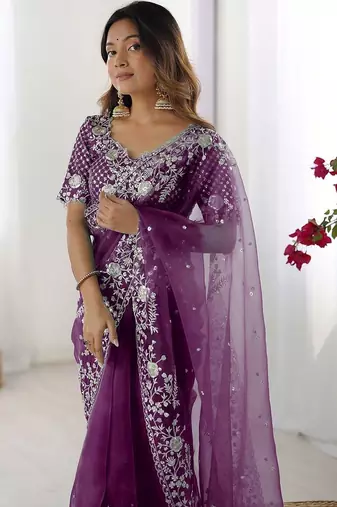 Purple embroidered saree with unstitched blouse piece