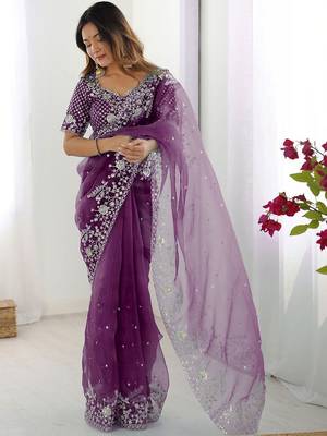 Purple embroidered saree with unstitched blouse piece 5