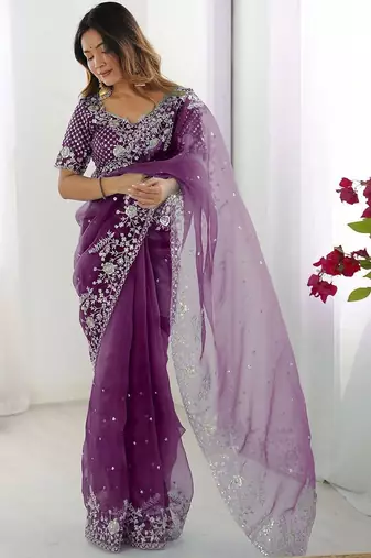 Purple embroidered saree with unstitched blouse piece
