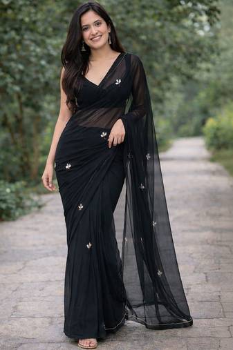 Black solid georgette hand-embroidered floral buttis salli work border sarees