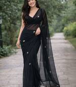 Black solid georgette hand-embroidered floral buttis salli work border sarees